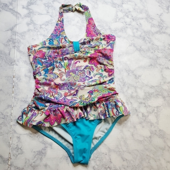 Lands'‎ End Swimsuit Girls 14 Paisley 1 piece Blue Pink Halter Beach - Picture 1 of 8